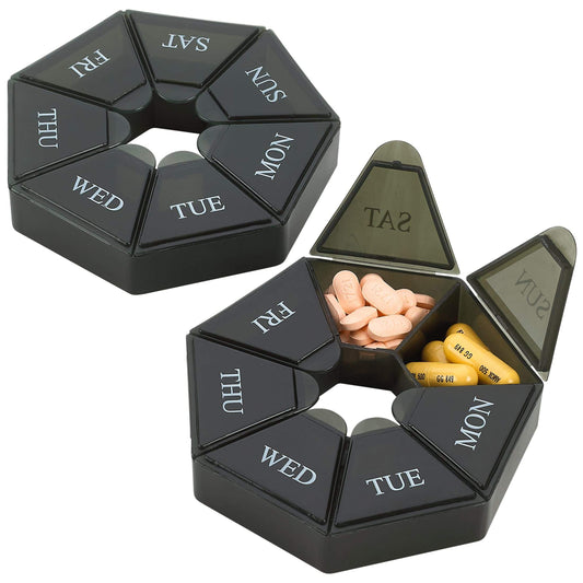 Weekly Pill Organizer - (Pack of 2) 7-Day Pill Container - Arthritis Friendly Portable & Compact Travel Case Daily Compa