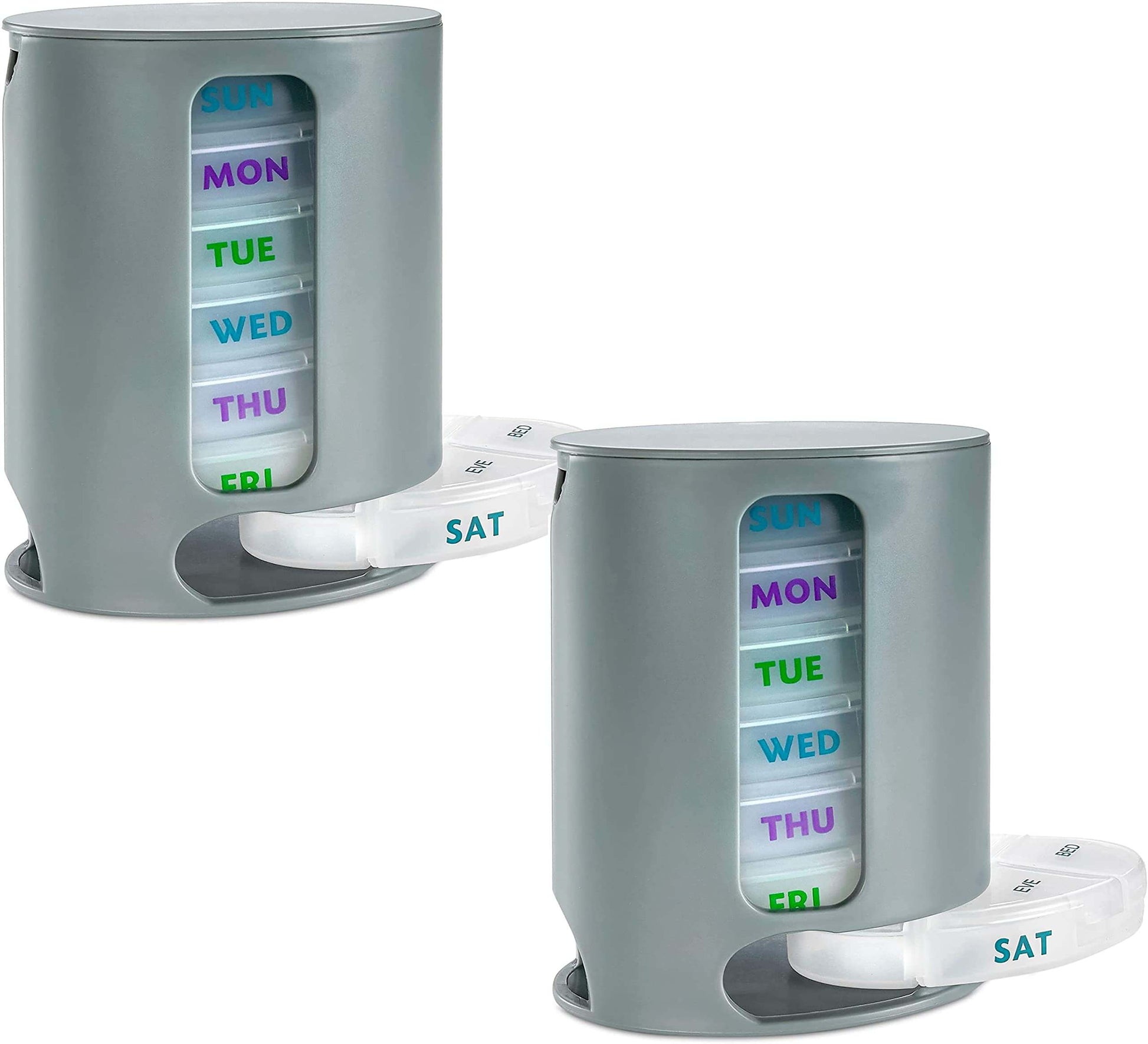 Weekly Pill Organizer, Pack of 2 Dispensers, 7 Stackable Compartments Four Times-a-Day - Morning, Noon, Evening, and Bed