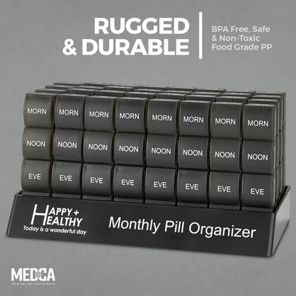 Month Pill Box Organizer - 4 Times-a-Day Morning-Noon-Evening-Night - Large 32 Daily Pill Cases with Compartments for Vitamins, Supplements, Medication -Travel Monthly Pill Organizer, Black