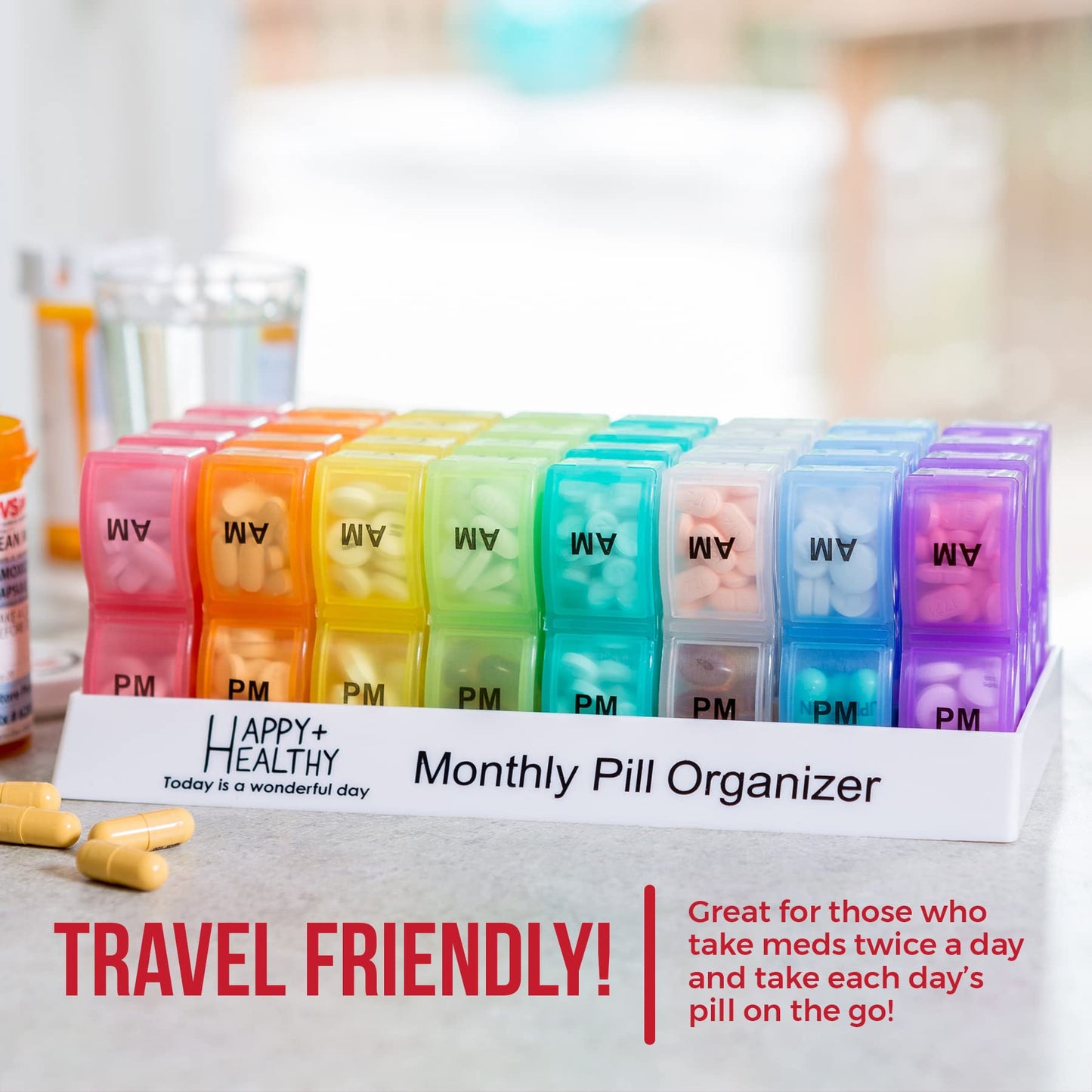Monthly Pill Organizer - Am/Pm Daily Pill Organizer 32 Compartments for Each Day, Pill Dispenser and Dispenser Caddy that Helps You Organize Your Life, Perfect for Supplements and Medication by