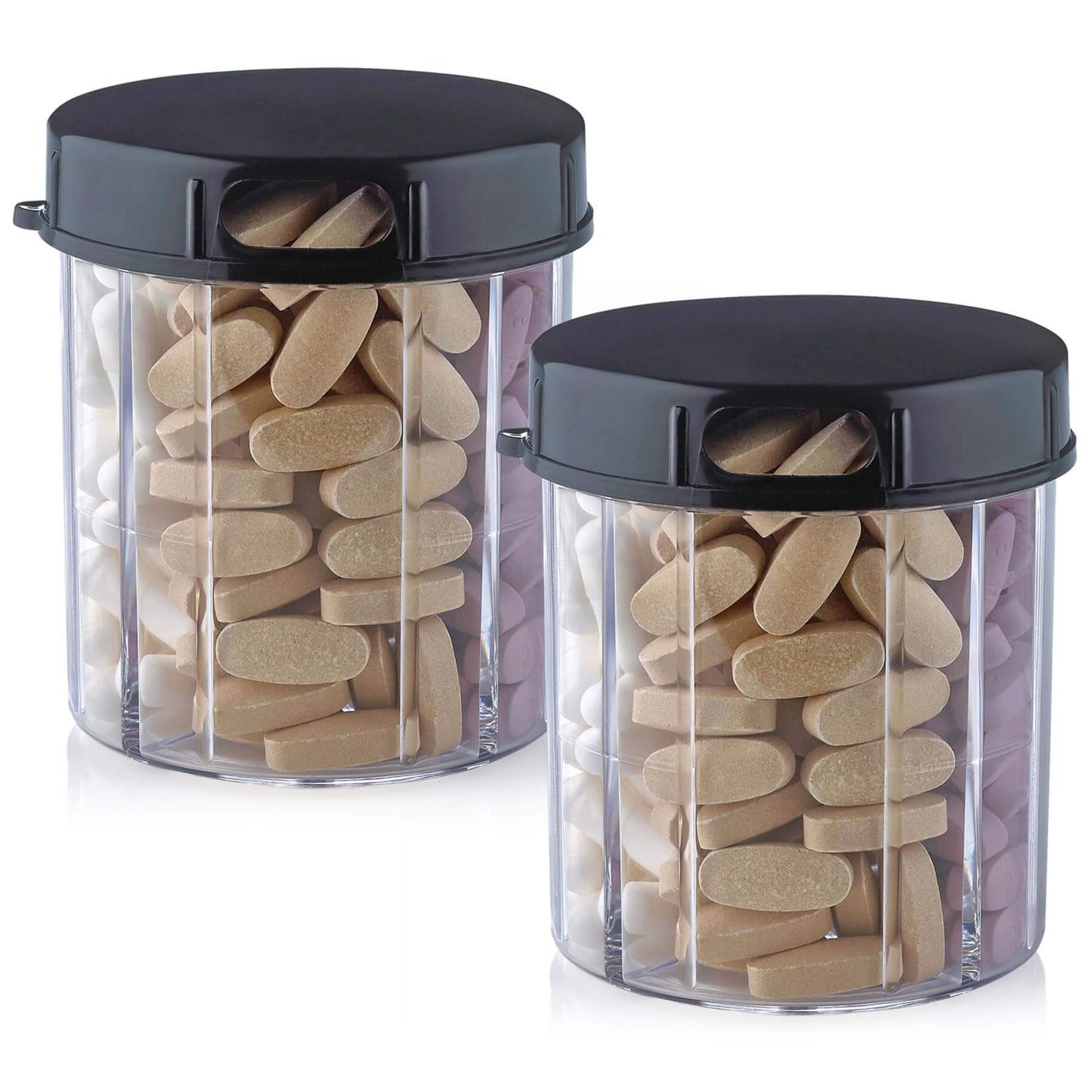 Round Pill Organizer Dispenser - Pack of 2 - Pill Boxes with 4 Compartments for Medication, Vitamins & Supplements Bottl