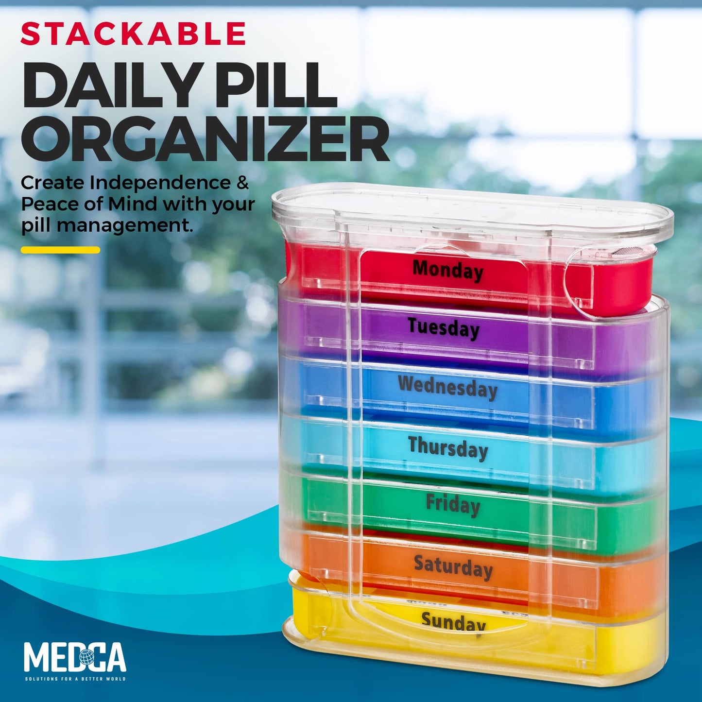 Weekly Pill Organizer, Four Times-a-Day, 1 Dispenser with Stackable AM/PM Compartments