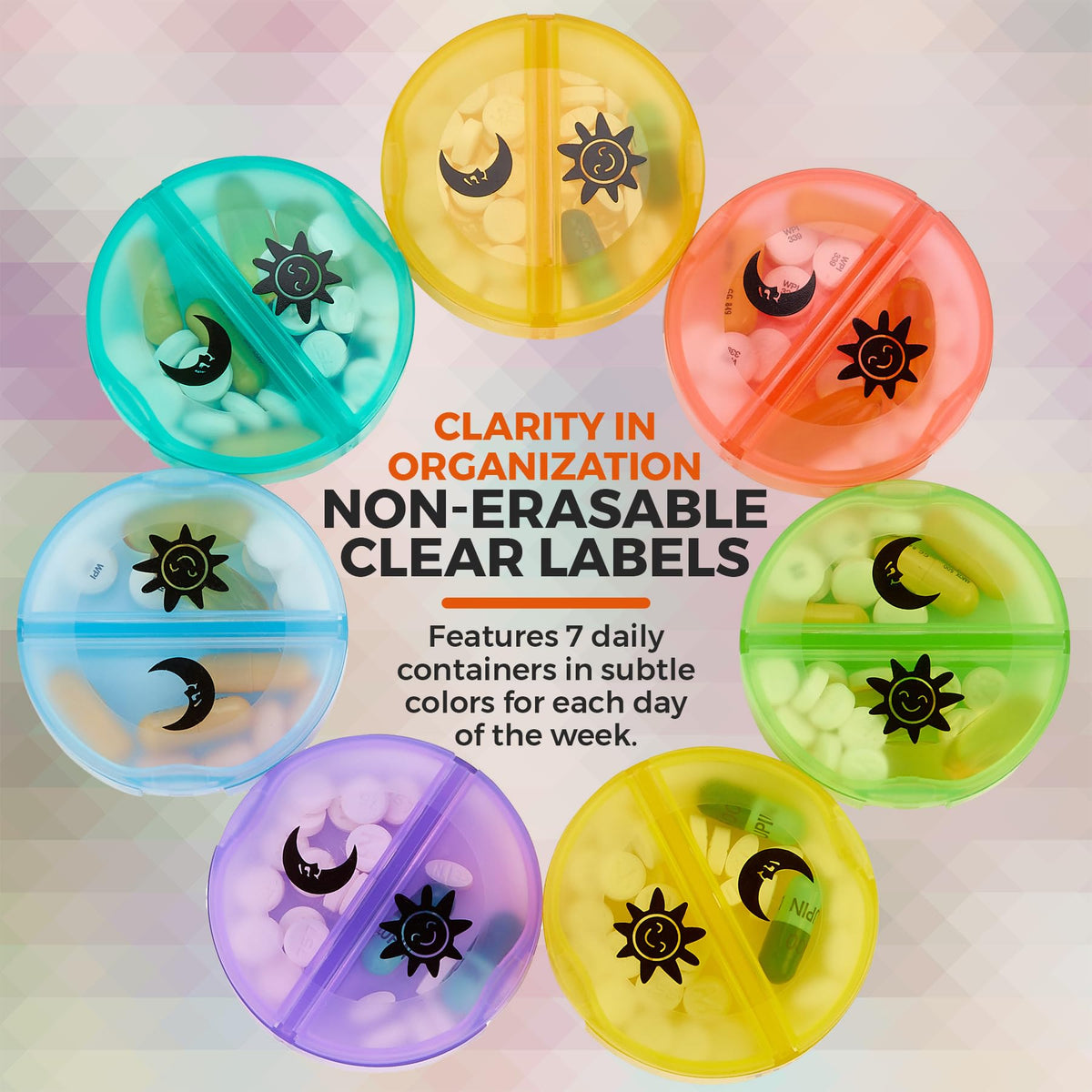 Weekly Pill Organizer - 2 Times-A-Day Compartments - 7 Day AM/PM Pill Container - Portable, Durable and Convenient Travel Pills Case for Tablets, Fish Oils, Vitamins and Supplements, Rainbow, 1 Pack