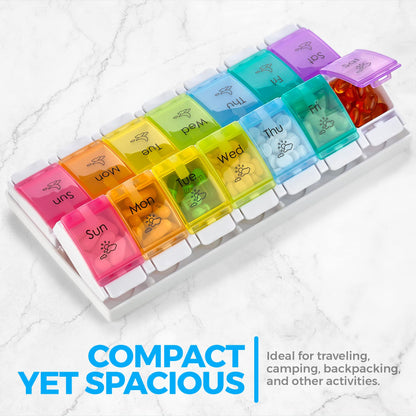 7 Day AM PM Pill Organizer – With Push Button Assisted Open A Daily Travel Pill Box Case Planner And Large Compartments For Medication Vitamins Fish Oil & Supplements, BPA Free – By
