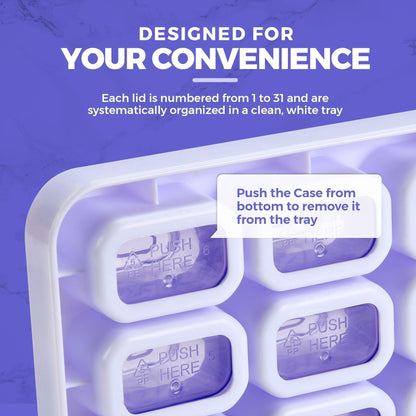 Monthly Pill Organizer - 31 Day Pill Organizer with Large Removable Medication Pods, Portable Pill Case Box and Holder for Daily Medicine and Vitamins for Travel, Purple