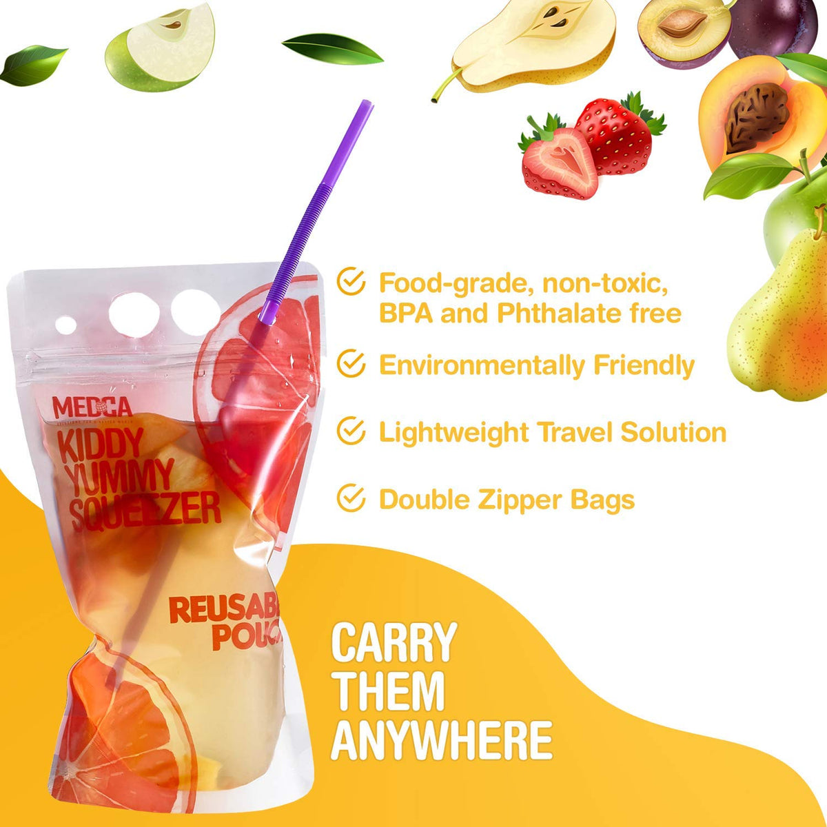 Reusable Drink Pouches - 30 Clear Drink Bags with 30 Straws - Double Zipper Reusable Smoothie Pouches Juice, Clear Zipper Pouch Storage Bags, Leak-Free and BPA Free