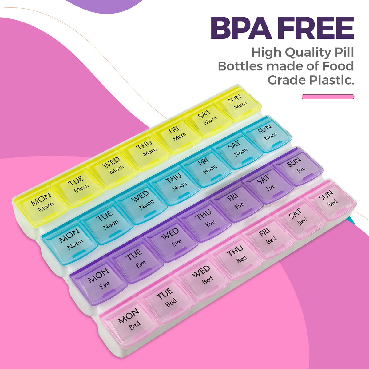 Weekly Pill Organizer - 4-Times-a-Day Pill Planner (Pack of 2) Pill Box Separates Pills & Vitamins with Daily Morning, Noon, Evening & Night Compartments, Travel Medication Reminder Monday to Sunday