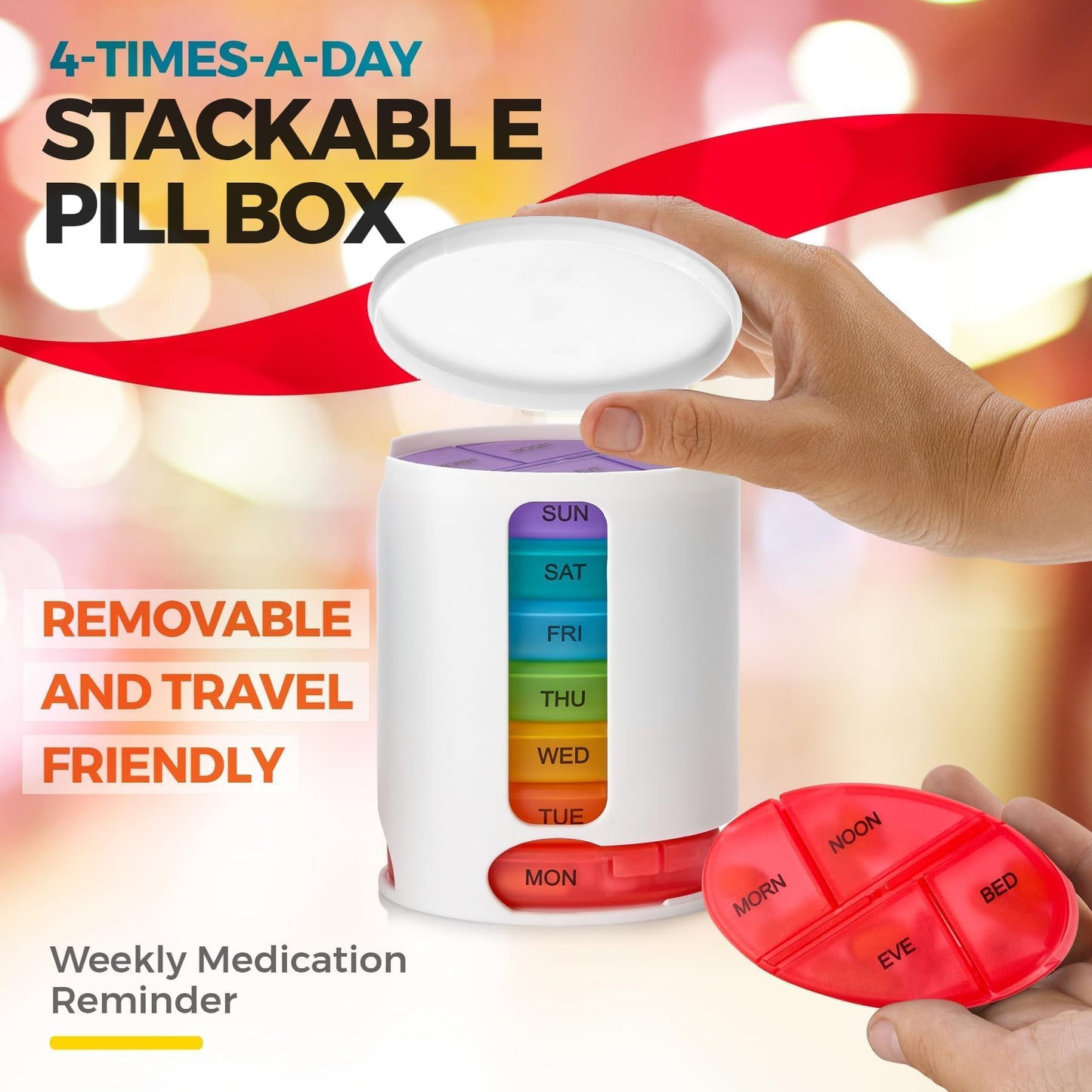 Weekly Pill Organizer, 1 Dispenser, 7 Stackable Multi-Color Compartments Four Times-a-Day - Morning, Noon, Evening, and Bedtime, White