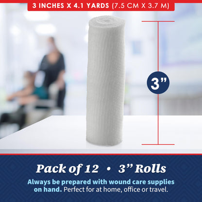 Gauze Bandage Rolls - (12 Pack) 3 in x 4.1 Yards Per Roll of Medical Grade Gauze Bandage and Stretch Bandage Wrapping for Dressing All Types of Wounds and First Aid Kit by, (3-Inch, 12 Pcs)