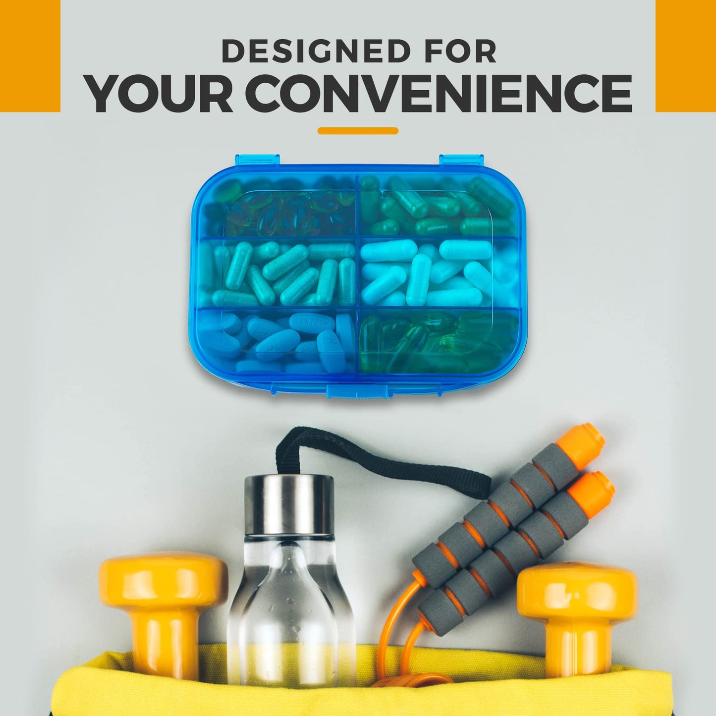 Vitamin Organizer - Travel Pill Organizer Box & 6 Compartment Daily Medicine Case Container for Organizing Your Pills, Medications, Supplements, Vitamins and Fish Oils for Every Day Use by