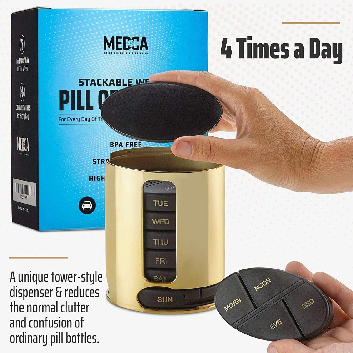 Weekly Pill Organizer - 2Pack - 4 Times-A-Day, Daily Stackable Medication Reminder - Weekly AM/PM Pill Box with 7 Individual Stacking Cases, a Everyday Medicine Organizer for Vitamins, Black & Gold