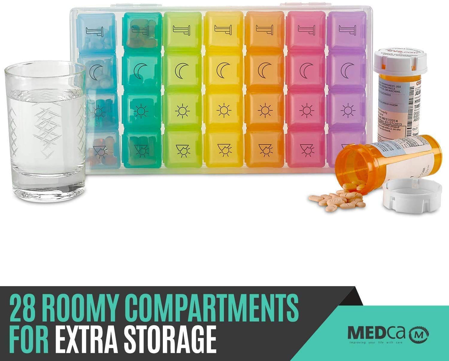 Weekly Pill Organizer - 4 Compartment Am/pm Pill Box, 7 Day Large Travel Medication Dispenser Case for Vitamins and Medicines by