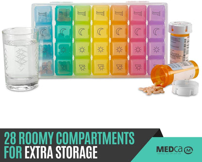Weekly Pill Organizer - 4 Compartment Am/pm Pill Box, 7 Day Large Travel Medication Dispenser Case for Vitamins and Medicines by