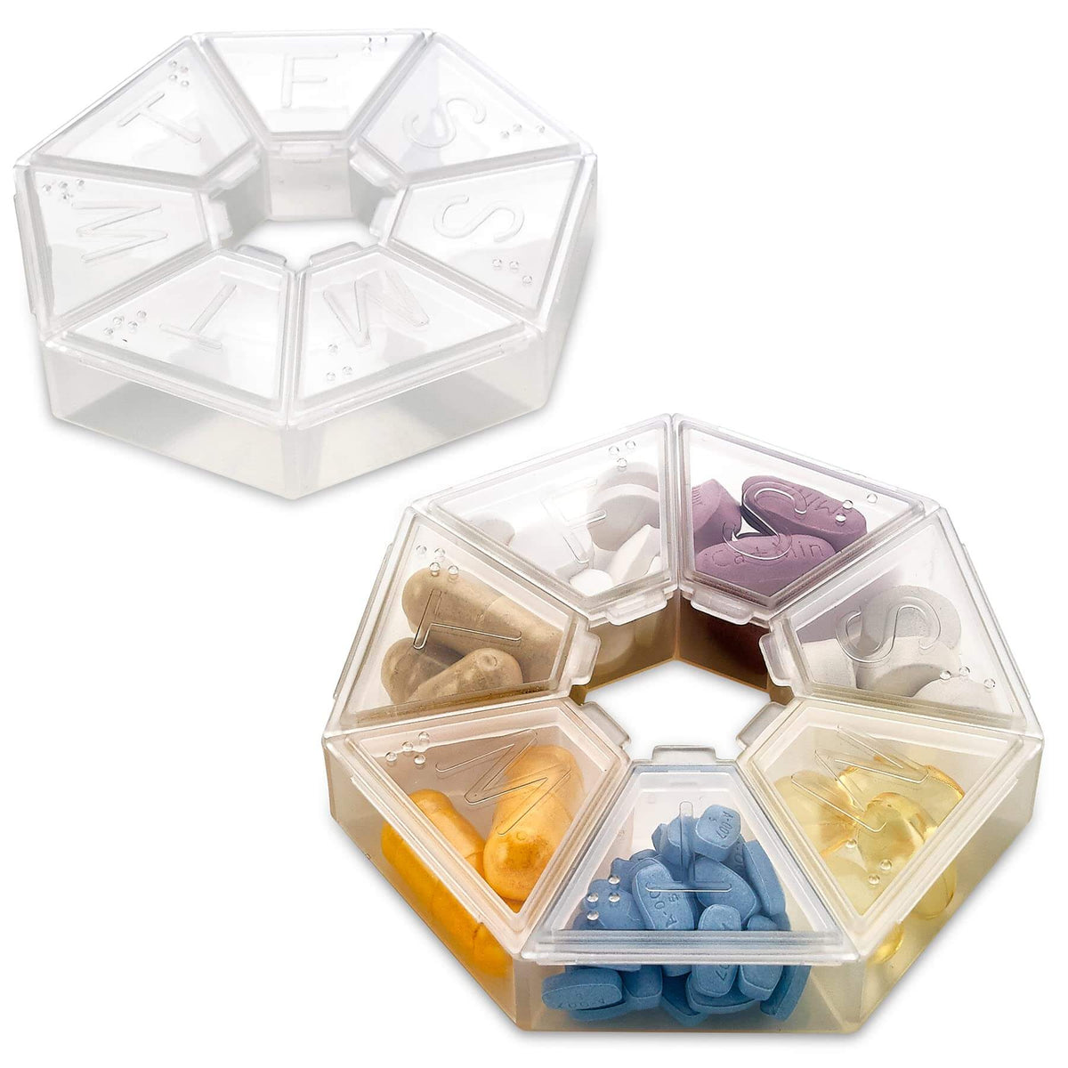 Weekly Pill Organizer Clear 7-Sided Pill Reminder, Round Shaped PACK OF 2