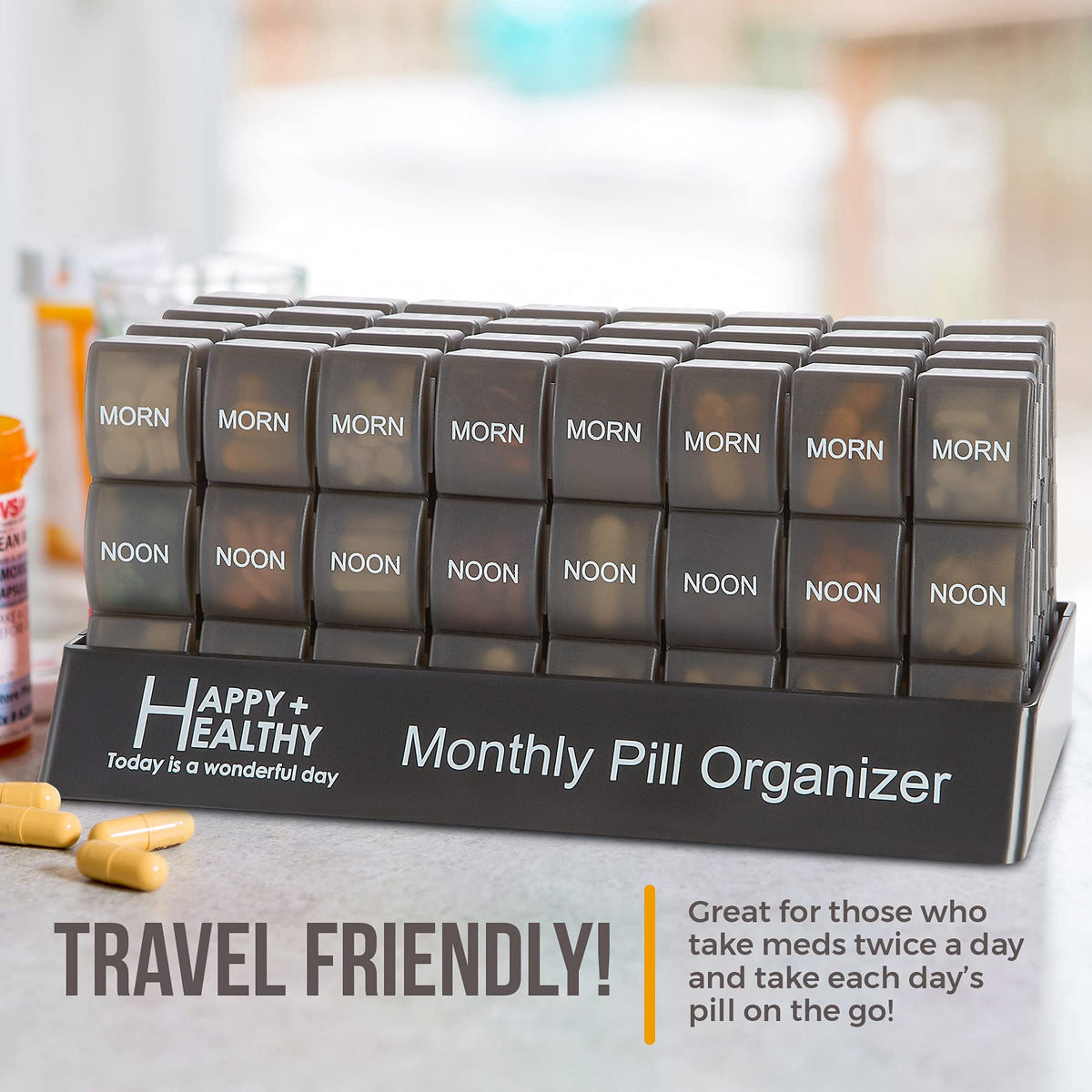 Month Pill Box Organizer - 32 Compartments | Morning-Noon-Night - 30 Day Pill Case with 32 Daily Compartments for Vitamins, Supplements, Medication - Travel Monthly Pill Organizer 3 Times-a-Day, Black