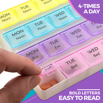 Weekly Pill Organizer - 4-Times-a-Day Pill Planner Pill Box Separates Pills & Vitamins with Daily Morning, Noon, Evening & Night Compartments, Travel Medication Reminder Monday to Sunday