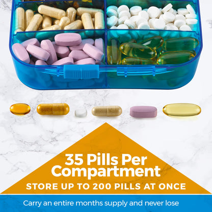 Vitamin Organizer - Travel Pill Organizer Box & 6 Compartment Daily Medicine Case Container for Organizing Your Pills, Medications, Supplements, Vitamins and Fish Oils for Every Day Use by