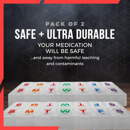 Large Weekly Pill Organizer - (2 Pack) AM PM Pill Box - XL 7 Day Pill Organizer 2 Times A Day and Daily Pill Organizer Case for Medication, Pills, Supplements with Braille, Bright, Easy to Read