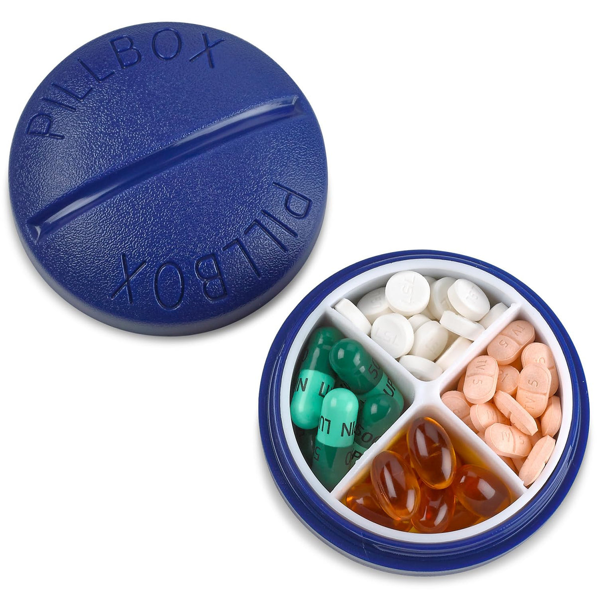 Pill Box Round for Travel - Mini Compact Portable 4 Compartment Pills Case Organizer, Vitamin and Medication Dispenser Holder for Up To 4 Times A Day, BPA Free Pill Reminder by