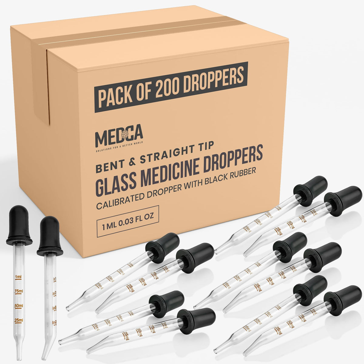 Eye Dropper - (Pack of 200 Bulk) Bent & Straight Tip Calibrated Glass Medicine Droppers for Medications or Essential Oil
