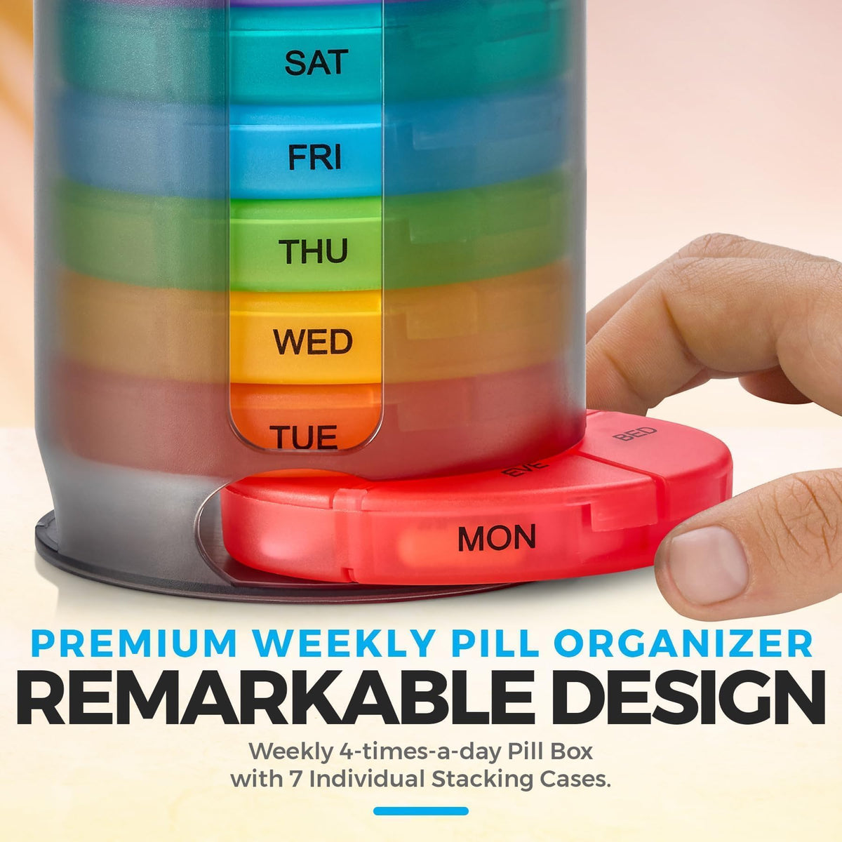 Weekly Pill Organizer, 1 Dispenser, 7 Stackable Multi-Color Compartments Four Times-a-Day - Morning, Noon, Evening, and Bedtime, Black, 2-Pack