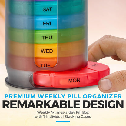 Weekly Pill Organizer, 1 Dispenser, 7 Stackable Multi-Color Compartments Four Times-a-Day - Morning, Noon, Evening, and Bedtime, Black, 2-Pack