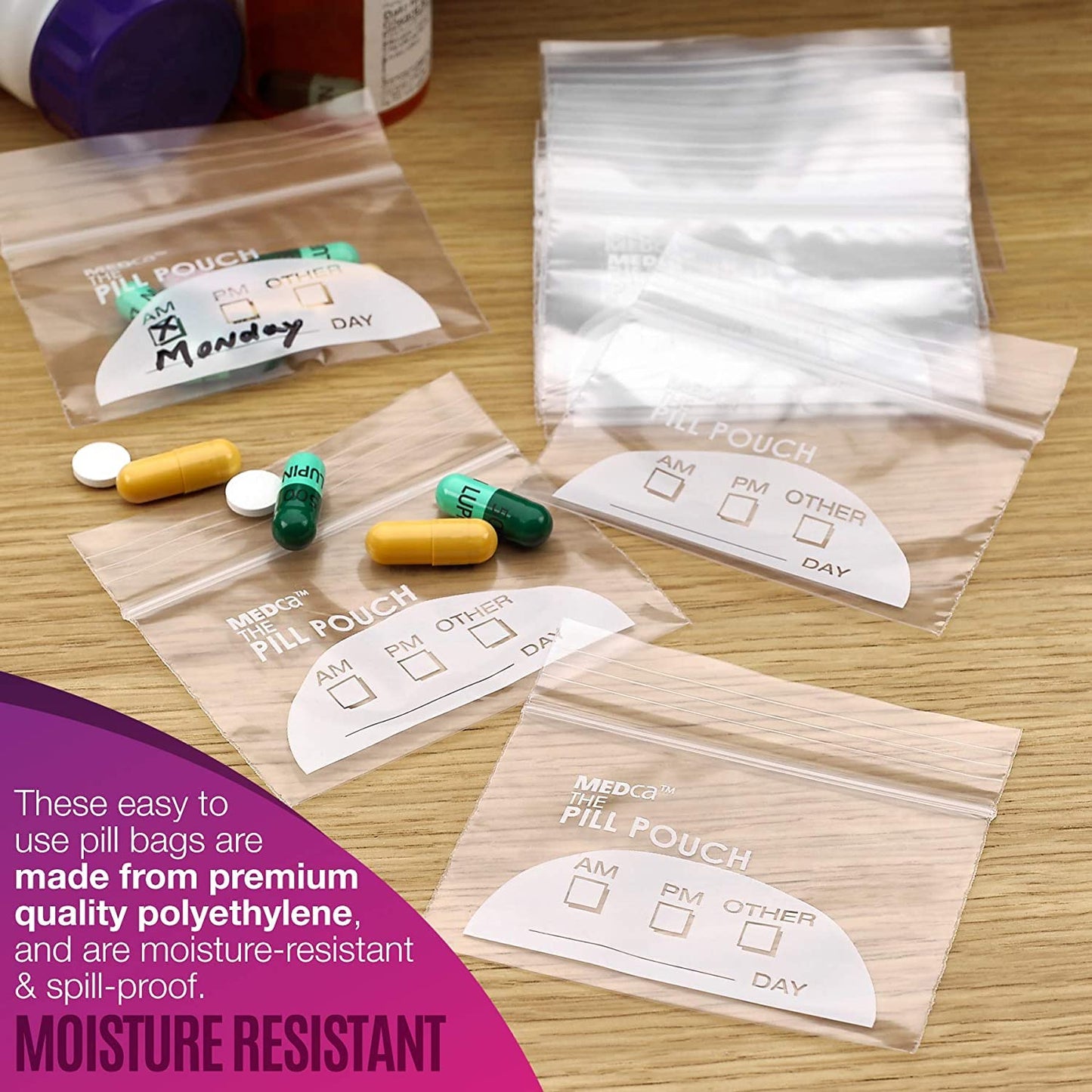 Pill Pouch Bags - (Pack of 250) 3" x 2.75" - BPA FREE, Poly Bag Disposable Zipper Pills Baggies, Daily AM PM Travel Medicine Organizer Storage Pouches, Best Clear Reusable with Write-on Labels