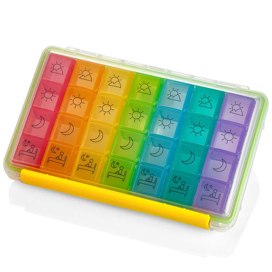 Weekly Pill Organizer - Portable 4 Times-A-Day - Water Moisture-Proof AM/PM Pill Case, Colorful 7 Day Medicine Holder Pi