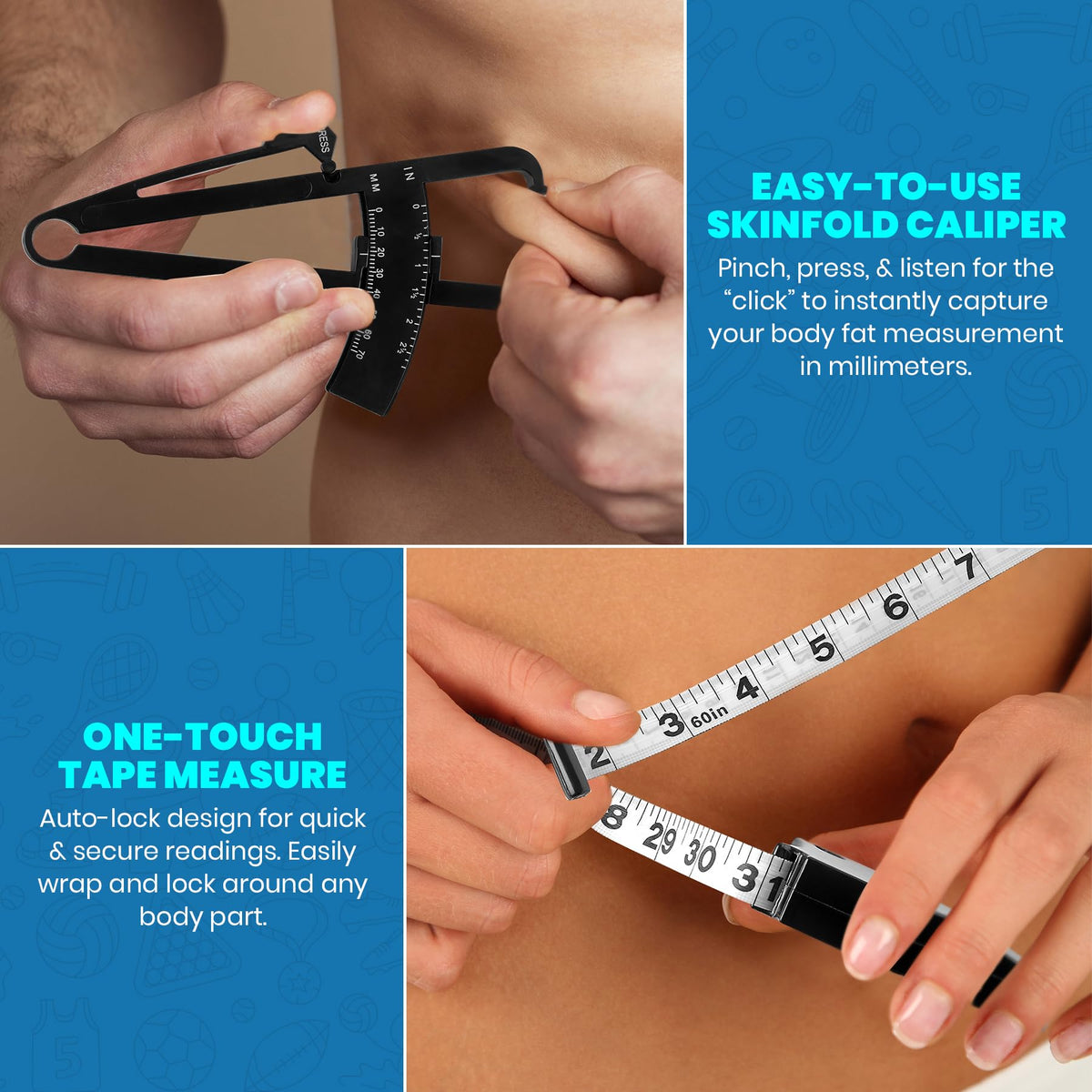 Body Tape Measure and Skinfold Caliper for Body Set - (Pack of 4) - Skin Fold Body Fat Analyzer and BMI Measurement Tool by