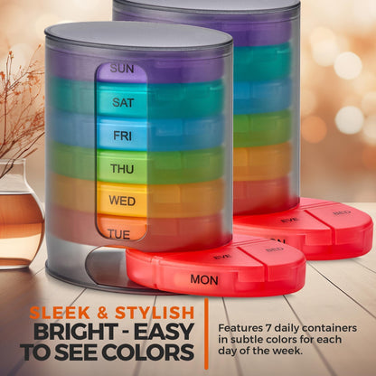 Weekly Pill Organizer, 1 Dispenser, 7 Stackable Multi-Color Compartments Four Times-a-Day - Morning, Noon, Evening, and Bedtime, Black, 2-Pack