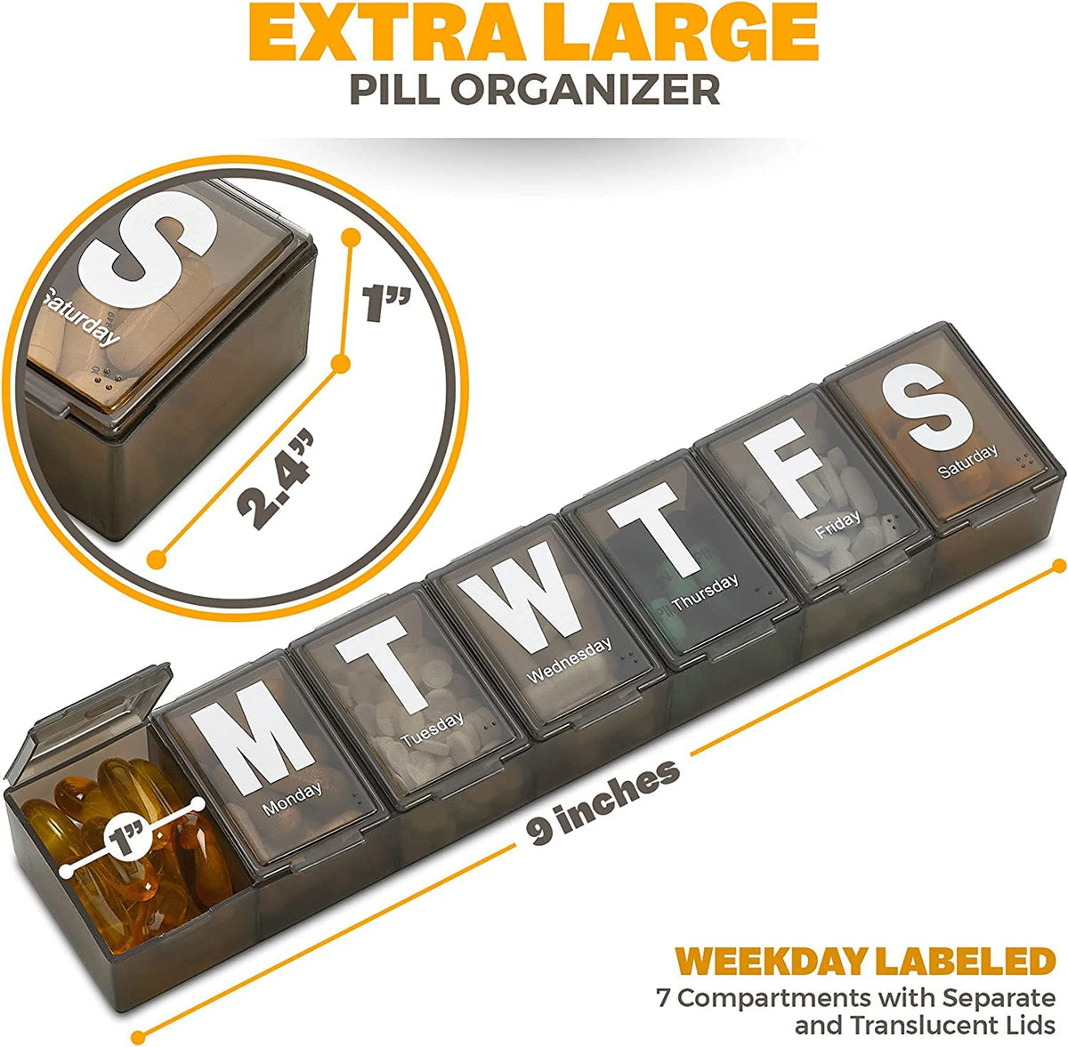Weekly Pill Organizer - (Pack of 3) Extra Large Vitamin Container with Jumbo Easy to Read Letters, BPA Free - Daily Travel 7 Day Medication Pill Box Case, (Black)