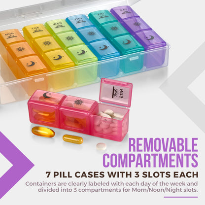 Weekly Pill Organizer Case – 3-Times-a-Day Pill Box - Large Plastic Dispenser with 7-Daily Morning Noon & Night Compartments for Pills, Supplements, Fish Oils and Vitamins