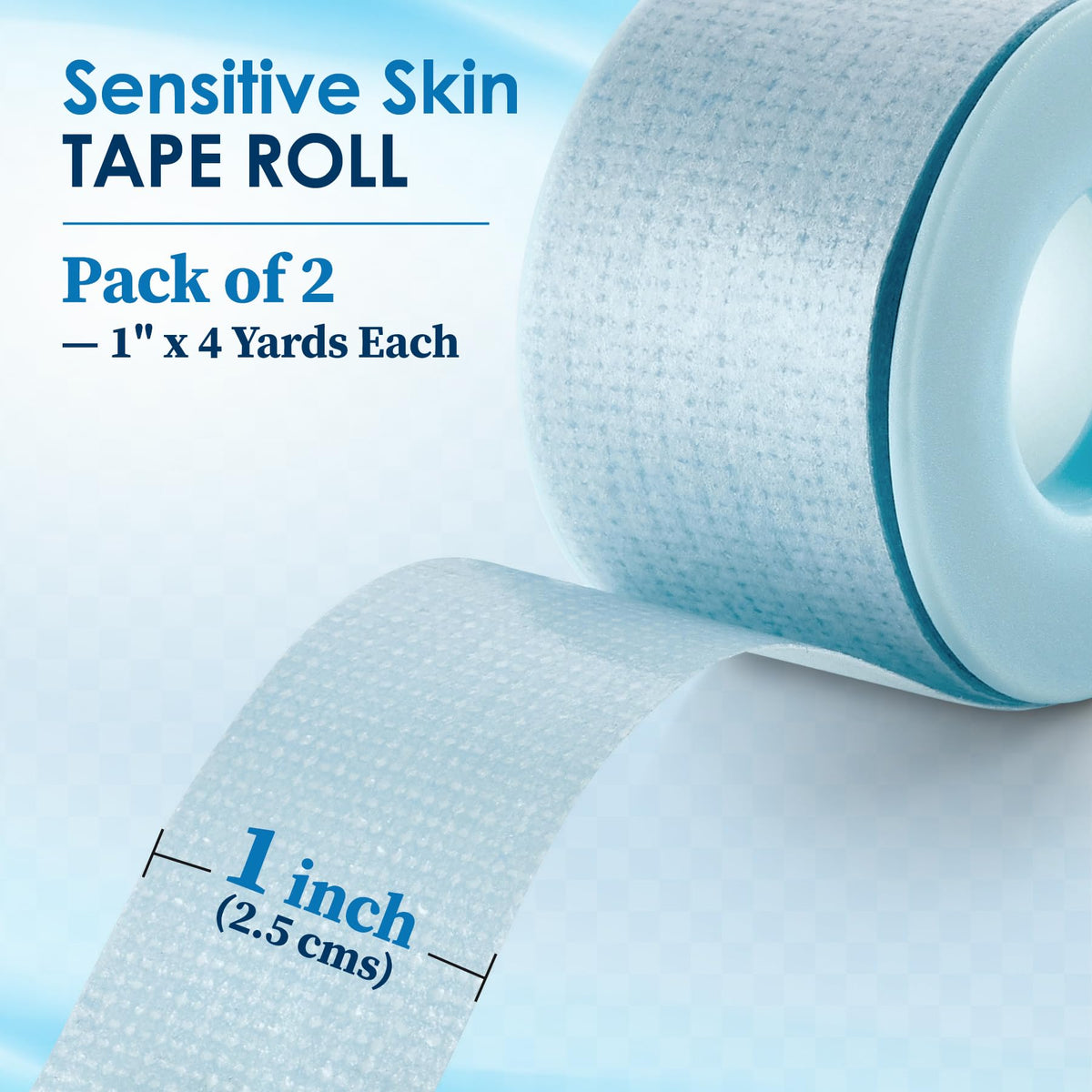 Sensitive Skin Low Trauma Tape Rolls - 1 Inch x 4 Yards Blue Tape First Aid Rolls, Minimal Hair Pulling for Wounds, Lash Tape for Eyelash Extensions (Pack of 2)