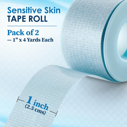 Sensitive Skin Low Trauma Tape Rolls - 1 Inch x 4 Yards Blue Tape First Aid Rolls, Minimal Hair Pulling for Wounds, Lash Tape for Eyelash Extensions (Pack of 2)