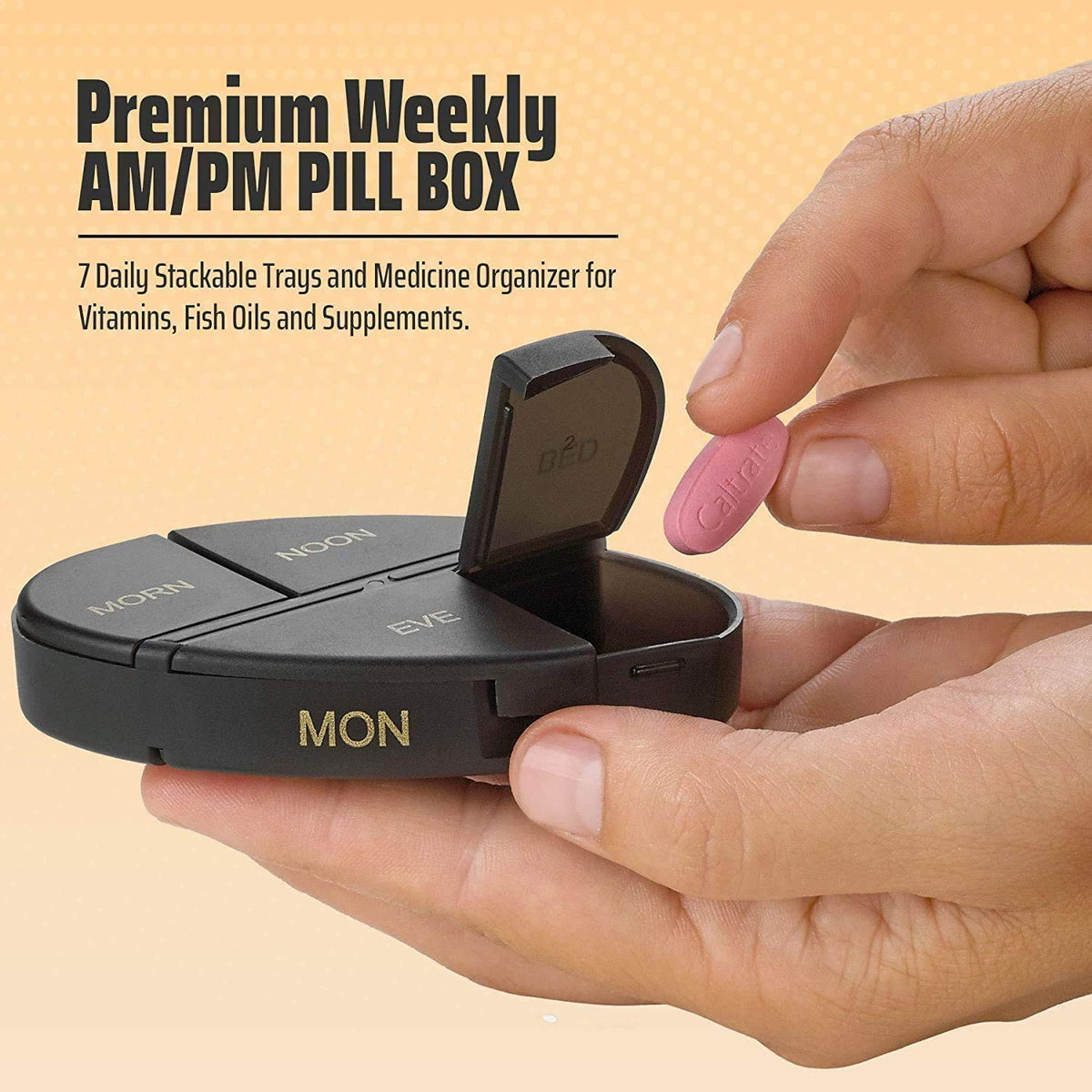 Weekly Pill Organizer - 2Pack - 4 Times-A-Day, Daily Stackable Medication Reminder - Weekly AM/PM Pill Box with 7 Individual Stacking Cases, a Everyday Medicine Organizer for Vitamins, Black & Gold