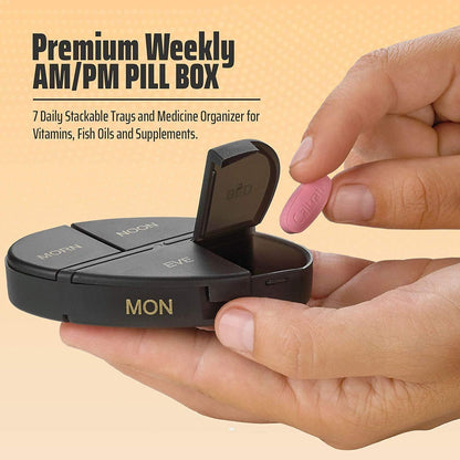 Weekly Pill Organizer - 2Pack - 4 Times-A-Day, Daily Stackable Medication Reminder - Weekly AM/PM Pill Box with 7 Individual Stacking Cases, a Everyday Medicine Organizer for Vitamins, Black & Gold