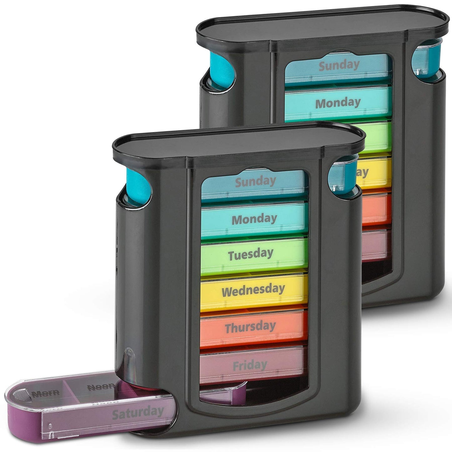 Stackable Daily Pill Organizer - 2 Pack, 4 Times a Day Weekly Medication Reminder - Premium Weekly AM/PM Pill Box with 7 Individual Stacking Cases, a Everyday Medicine Organizer for Vitamins