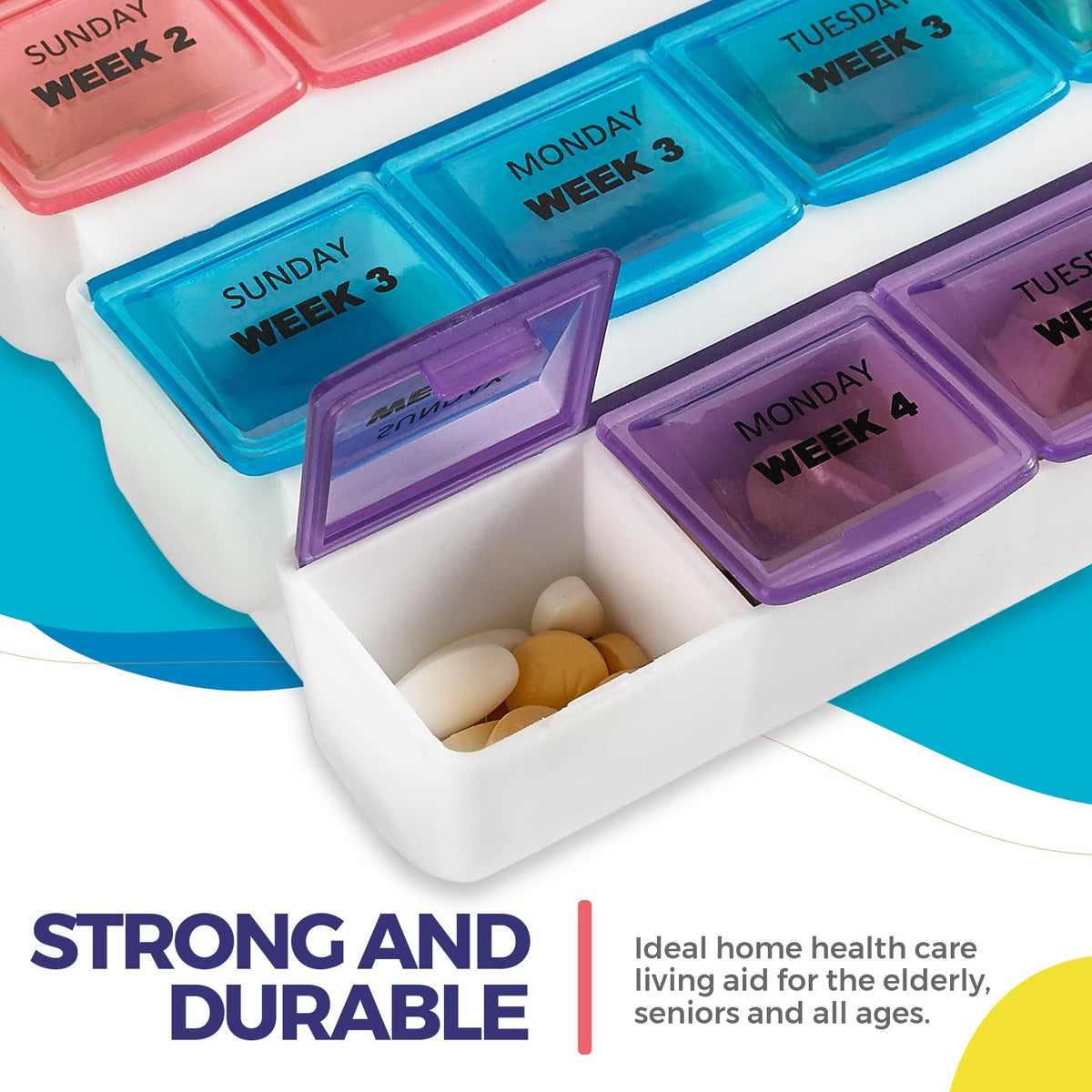 Monthly Pill Organizer - 28 Day Monthly Pill Planner to Separate Pills & Vitamins Week to Week, Travel Medication Reminder Daily Monday to Sunday Compartments