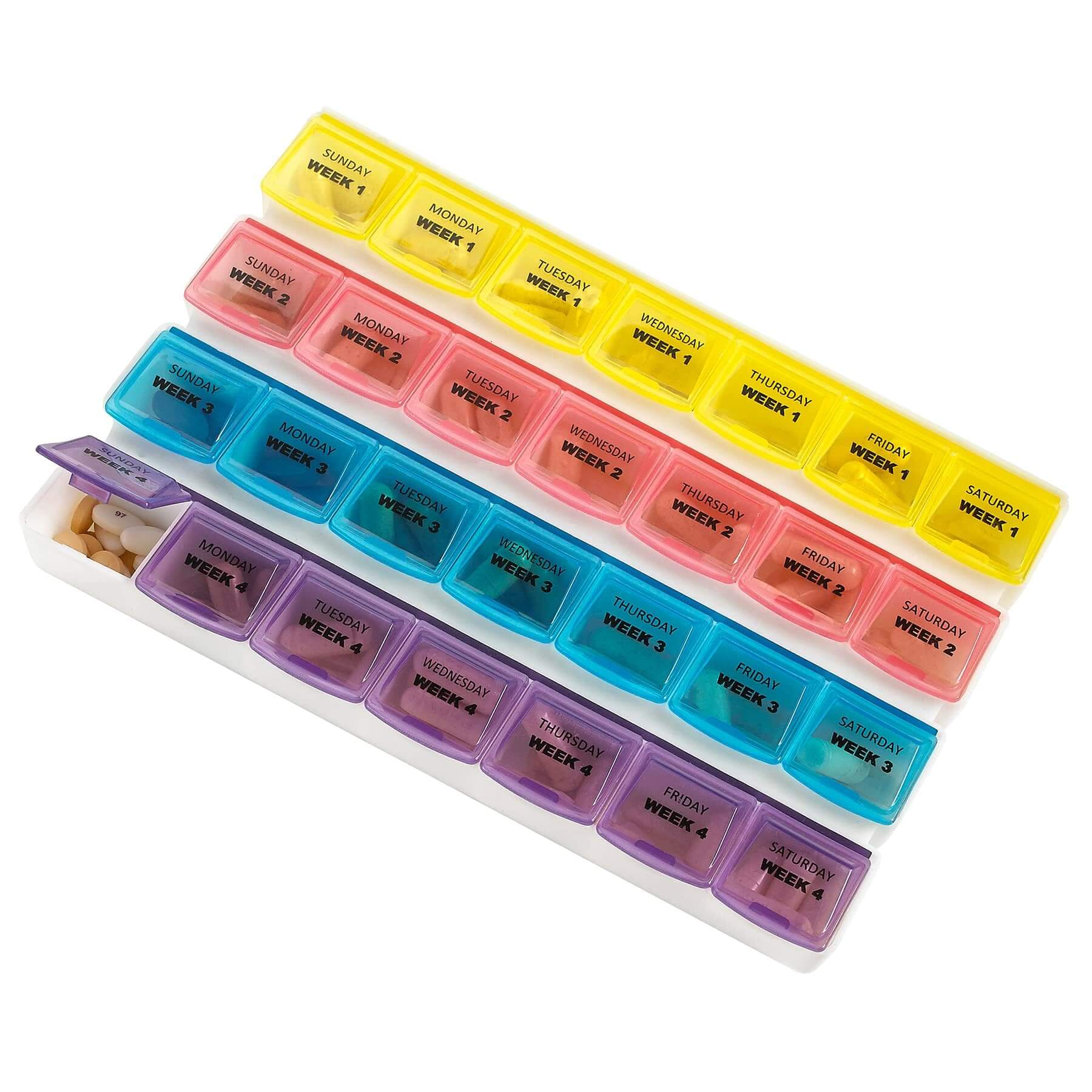 Monthly Pill Organizer - 28 Day Monthly Pill Planner to Separate Pills & Vitamins Week to Week, Travel Medication Remind