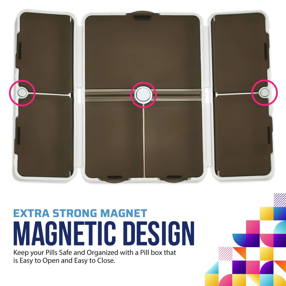 Magnetic Foldable Pill Box Case - 7 Day Weekly Medicine Organizer - Portable Compact Lightweight Pill Container with 7 Compartments, Dustproof, Air-Tight, BPA Free for Pills Vitamins and Supplements