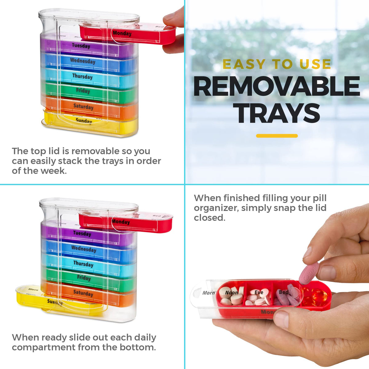 Weekly Pill Organizer, Four Times-a-Day, 1 Dispenser with Stackable AM/PM Compartments