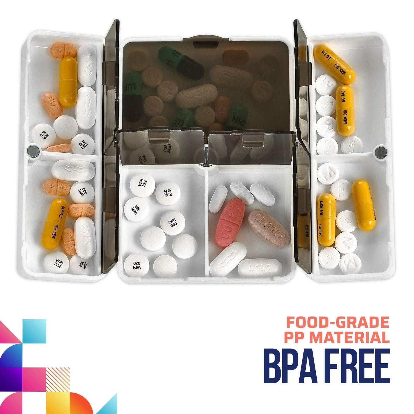 Magnetic Foldable Pill Box Case - (2 Pack) 7 Day Weekly Medicine Organizer - Portable Compact Lightweight Pill Container w/ 7 Compartments, Dustproof, Air-Tight, BPA-Free f Vitamins and Supplements