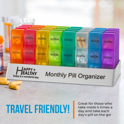 Month Pill Box Organizer - 3-Times-A-Day | Morning-Noon-Night - 30 Day Pill Case with 32 Daily Compartments for Vitamins, Supplements, Medication - Travel Monthly Pill Organizer 3 Times A Day