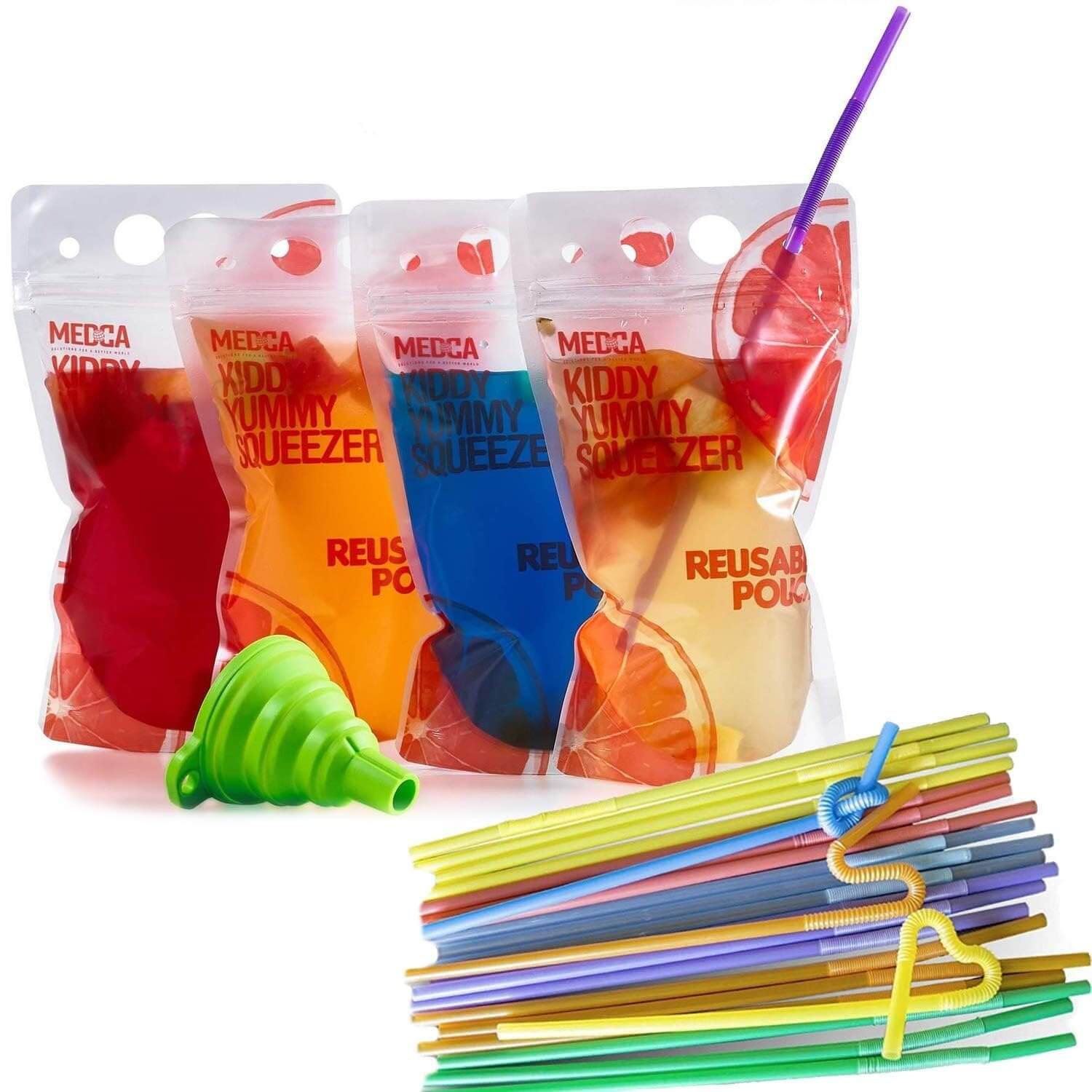 Reusable Drink Pouches - 100 Clear Drink Bags with 100 Straws - Double Zipper Reusable Smoothie Pouches Juice, Clear Zip