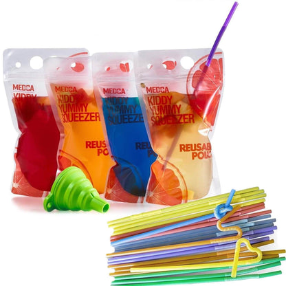 Reusable Drink Pouches - 100 Clear Drink Bags with 100 Straws - Double Zipper Reusable Smoothie Pouches Juice, Clear Zip