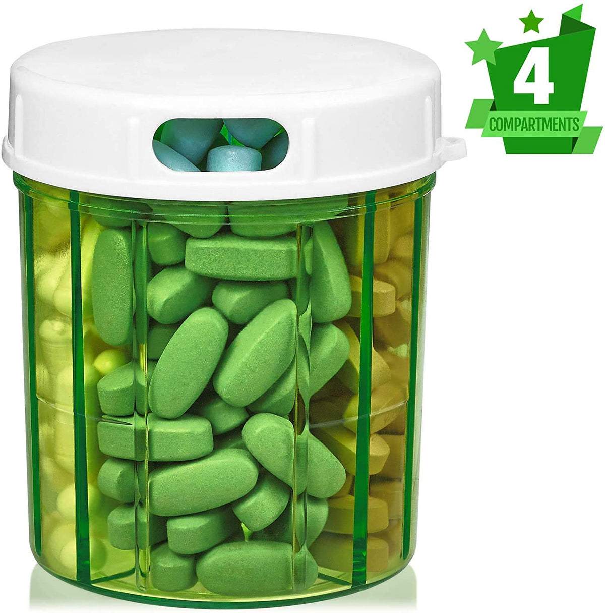 Round Pill Organizer Dispenser - Pill Boxes with 4 Compartments for Medication, Vitamins & Supplements Bottle Daily Pill Case Reminder Box