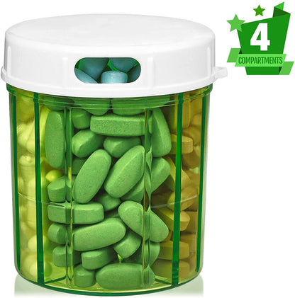 Round Pill Organizer Dispenser - Pill Boxes with 4 Compartments for Medication, Vitamins & Supplements Bottle Daily Pill Case Reminder Box
