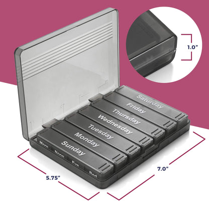 Weekly Pill Organizer - 7-Day Pill Case w/ Removable Daily 4 Times-a-Day Pill Cases - Large AM/PM Medicine Pill Box for Medications Pills Vitamins & Supplements - Easy to Read Labels Monday to Sunday