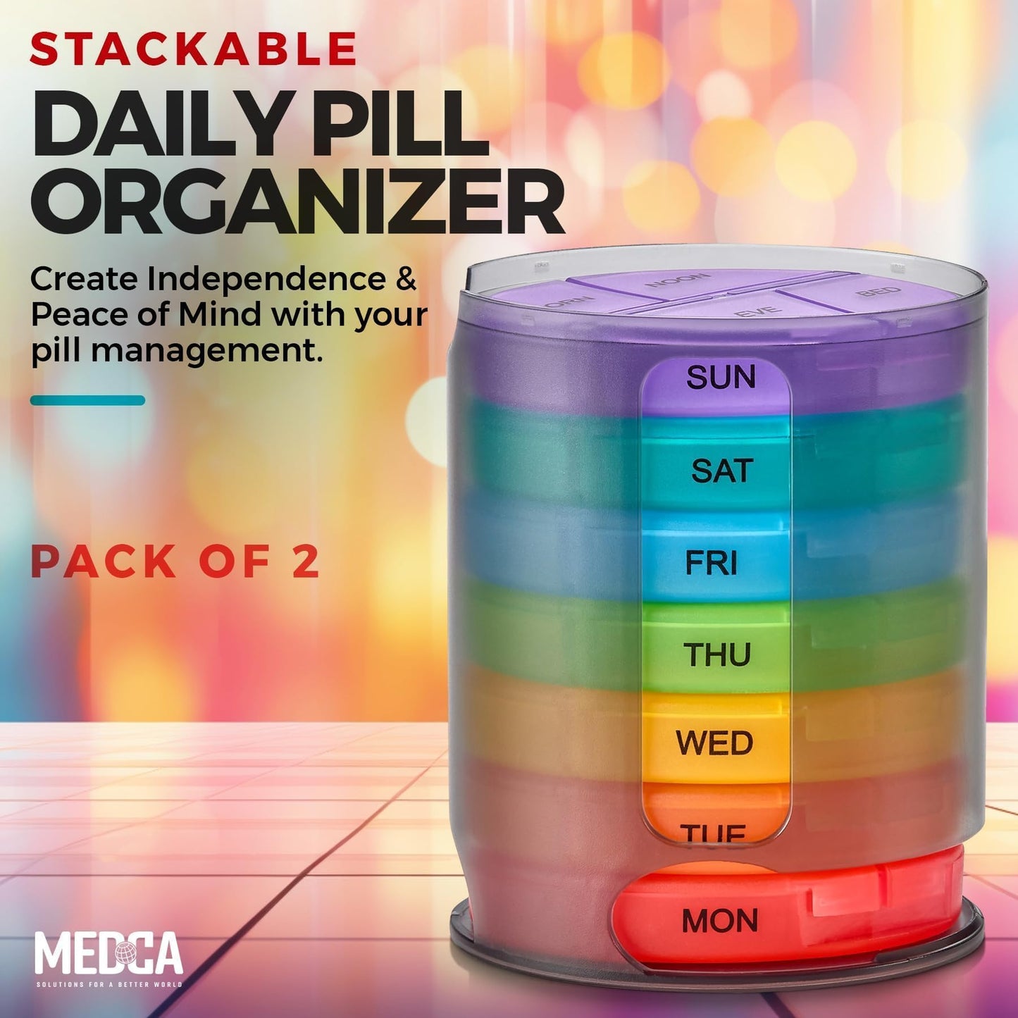 Weekly Pill Organizer, 1 Dispenser, 7 Stackable Multi-Color Compartments Four Times-a-Day - Morning, Noon, Evening, and Bedtime, Black, 2-Pack