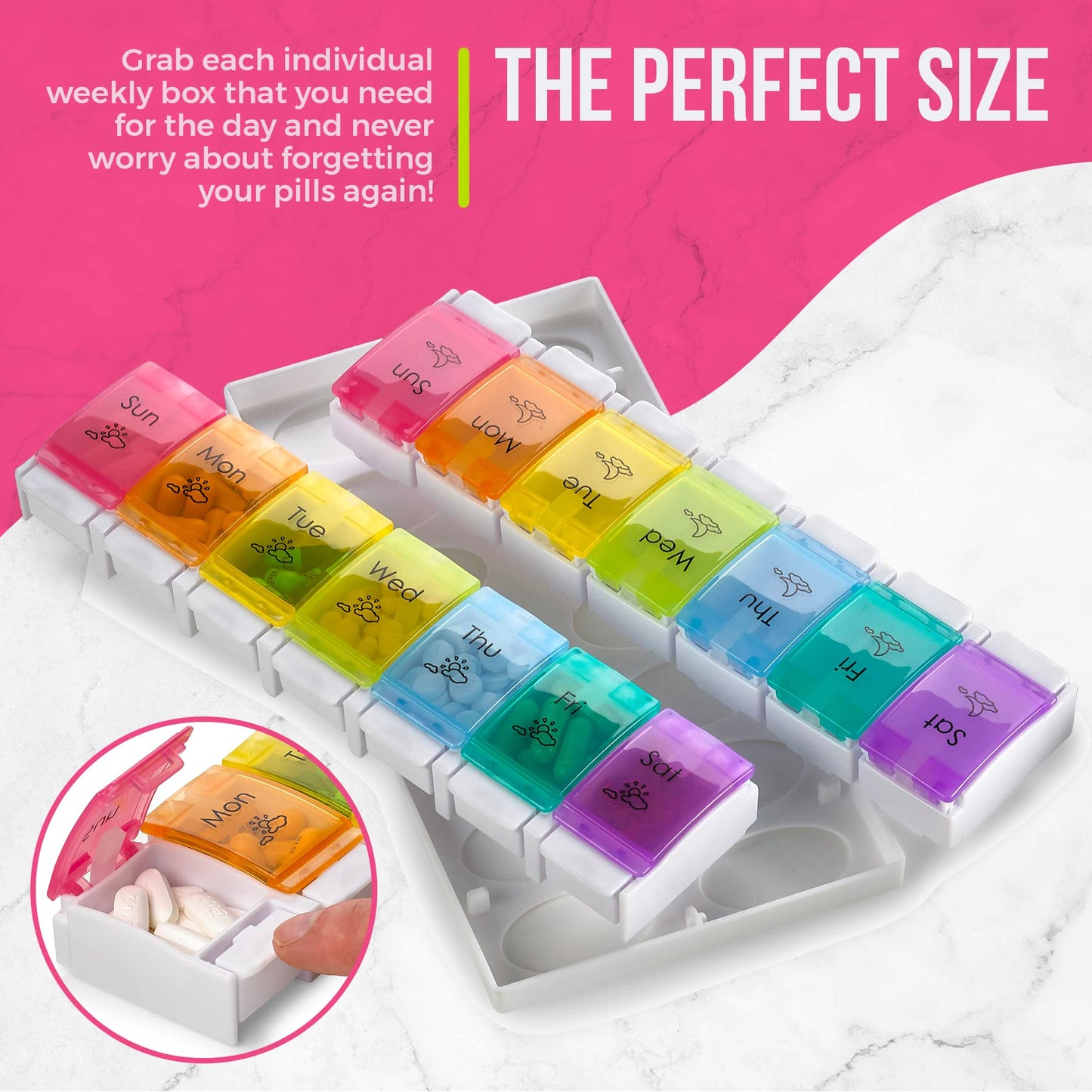 7 Day AM PM Pill Organizer – With Push Button Assisted Open A Daily Travel Pill Box Case Planner And Large Compartments For Medication Vitamins Fish Oil & Supplements, BPA Free – By